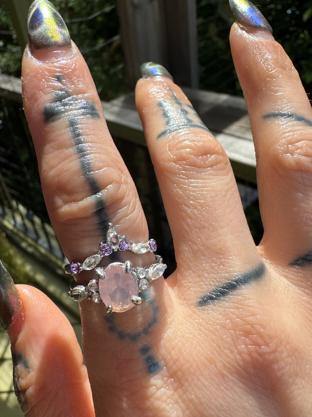 Set of 2 Silver Rings with Pink and Purple Gemstones NEW size 7